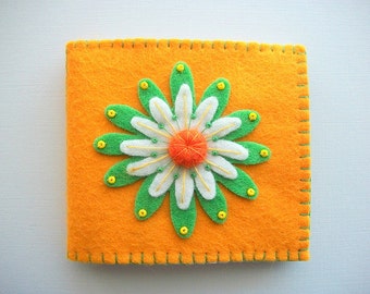 Needle Book Yellow Felt with Large Embroidered Flower Handsewn
