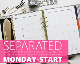 Printed Monthly Inserts SEPARATED, MONDAY-START: 12-Months + 2 Annual, MO2P (Half-Letter Size 5.5"x8.5" fits into A5 planner binders)