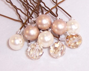 Champagne Toast Bridal Veil Hair Pins with Swarovski Pearls and Crystals
