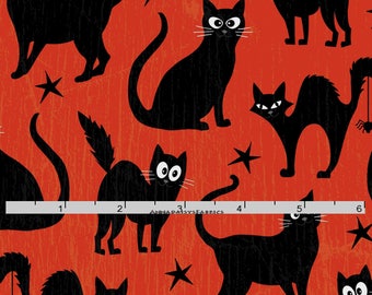 Orange & Black Cat Fabric, Glow in the Dark, Henry Glass Fabric Fangtastic with Glow 1096G 30, Halloween Fabric, Cat Quilt Fabric, Cotton