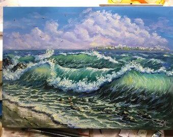 Large oil painting ocean waves painting beach decor seascape painting blue coastal landscape painting canvas art storm sea art impressionist