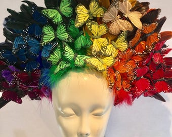 Butterfly Headpiece- Rainbow Butterfly Headdress- Spring Fascinator- Derby -Tea Party Hat- Monarch Headpiece -Butterfly Fascinator