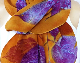 silk scarf long large crepe Royal Mulberry hand painted unique purple rust gold wearable art women fashion accessory