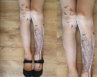 Tattoo Tights with Tree and Birds, Semi-Sheer Tights, S-XXL Sizes Available, Printed Tights, Pantyhose