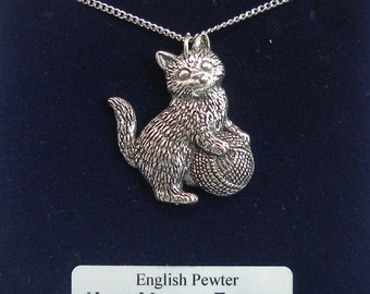 Kitten (cat) Playing Necklace in Fine English Pewter, Hand Made and Gift Boxed