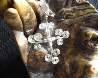 Handmade Non Tarnish Silver Enameled Copper Contemporary Swirled Cross