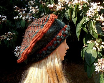 Large Zigzag Tam in Green and Rust Colorway Handknit