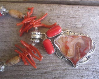 Tropical stone necklace, Coral and agate statement necklace, Resort jewelry from Hawaii, gemstone jewelry,