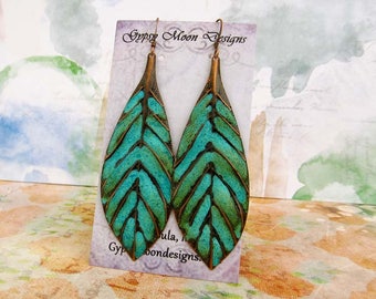 Turquoise Earrings bohemian jewelry Boho earrings long leaf earrings Patina Copper Dangle Drop