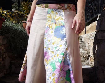 Plain and flowered pathwork gored skirt