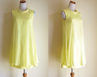 Vintage Chiffon Dress, 60s Dress, Mod Dress, Swing Dress, Yellow Chiffon Dress, Mock Turtleneck Dress, Beaded Dress, 1960s Dress, Small