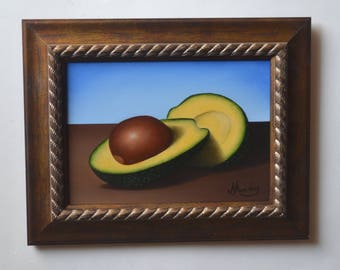 Original 5x7' acrylic avocado slice painting, small still life painting, tiny artwork, vegetable painting, kitchen painting, food miniature