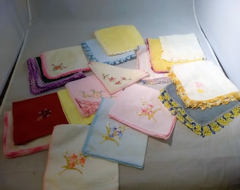 Vintage Handkerchief Lot of 15 Hankies, Embroidery, Tatting, Lace, Trimmed Clean and Pressed #C234