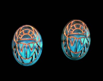 Glass Scarab Earrings Aqua Blue Gold Engravings Scarab Egyptian Post Earrings