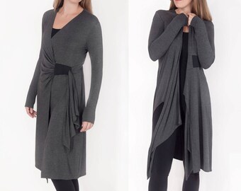 Cardigan Yoga Cover-up / Softly Sculpted Asymmetric Sweater or Duster / Soft Lightweight Charcoal Gray Jersey Jacket Dress / Leslie Charcoal
