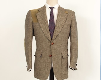 Vintage Harry Rosen Country Squire Olive Green Brown Tweed Shooting or Hunting Sport Coat with Elbow Patches, Throat Latch, Size 40 S
