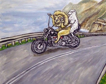 25% off The lion and the Lamb Riding a Motorcycle Animal Art Tile