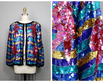 80's Art Deco Sequined Blazer by Joseph Le Bon // Bright Embellished Beaded Evening Jacket