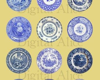 ANTIQUE BLUE PLATES Craft Circles -Instant Download Digital Printable- -Bottlecaps Collage Sheet - 4 sizes - DiY Print as many as you like
