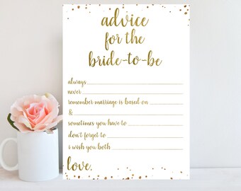 Advice for the Bride Cards, Bridal Advice Cards, Bridal Shower Game, Printable Wedding Advice Cards, Gold Confetti, Marriage Advice Cards