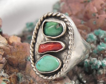 Coral, Green and Blue Turquoise Sterling Ring
