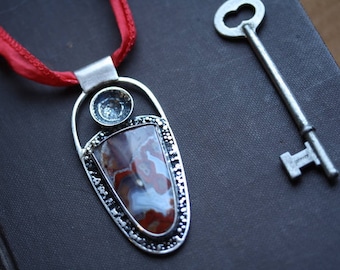Red Lace Agate in Recycled Blackened Silver Pendant