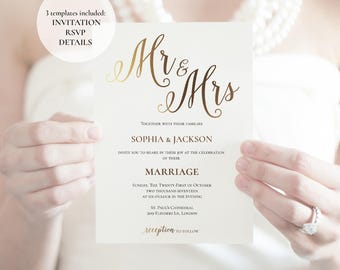 Gold Wedding Invitation templates, Printable wedding invitations, Instant download invitation, Elegant invitations, Beautiful design, PDF