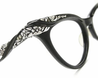 Vintage Ornate Black Cats Eye Eyeglasses Sunglasses Frame With Flower Design