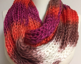 Ombre Infinity Scarf, Womens Knit Cowl Scarf, Loop Scarf, Orange,Pink,Brown,white