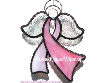Stained Glass Awareness Ribbon Angel Suncatcher, Wispy Pink with White, Rainbow Iridescent Wings, Breast Cancer Awareness, Pink Angel