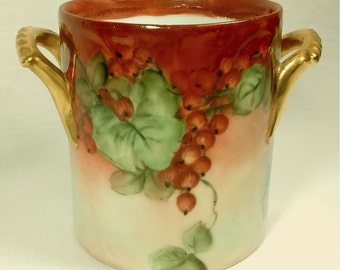 Hand Painted Art Nouveau Red Currant Berries Gilded Handles Artist Signed Alice Hyatt Porcelain Cachepot Vase Planter