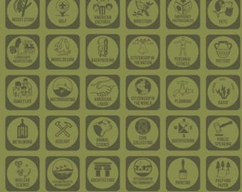 Green Boy Scout merit badges flannel fabric, flannel fabric, fabric, licensed fabric, woods, nature