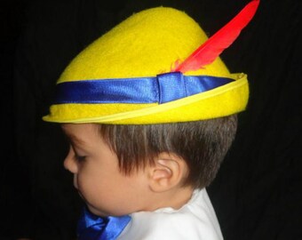 Custom Pinocchio Costume Hat Yellow Tyrolean Alpine Style hat tan wool felt colbalt blue satin ribbon red feather plume Sml,Med,Lrge