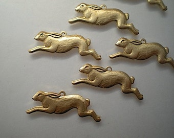 6 brass running rabbit charms