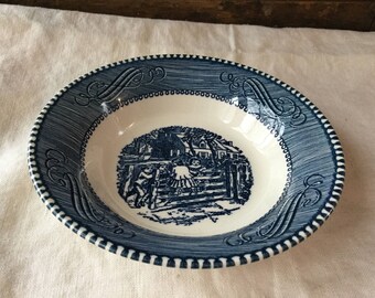 Royal China Berry Bowls Currier and Ives Blue and White Transferware / Underglaze Print / Children on Gate / USA