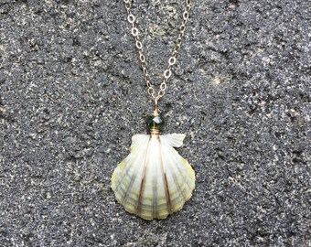 RARE Blue Hawaiian Sunrise Shell, Green-Blue Tourmaline Semi Precious Gemstone, 14k Gold Filled Necklace