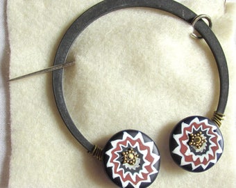 Penannular Brooch Shawl or Kilt Pin w/ Chevron Glass Cane Slice finials