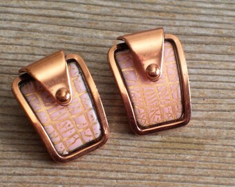 Modernist Abstract Earrings, Vintage MATISSE Copper Pink Enamel Earrings, MCM Copper Jewelry, Copper Clip Earrings, Matisse Jewelry