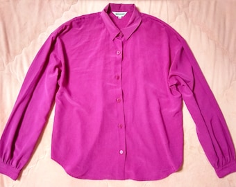 80s Vintage Pink Blouse Shirt, 80s Vintage Fuschia Pink Blouse, Vintage Pink Blouse, Pink Button Up Blouse