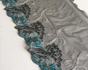 BLACK/Blue/Metallic Grey, 7.25" Wide, Embroidered Floral Lace Trim, BTY By The Yard