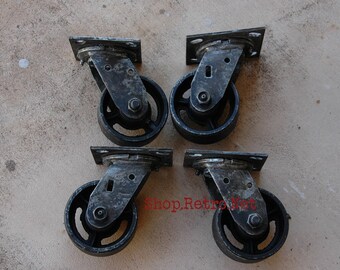 4" Vintage Industrial Casters (Set of 4), Antique Industrial Cast Iron 42TM