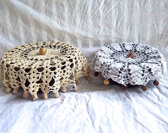 Vintage Doilies Redesign Weighted Crochet Bowl Covers Indoor Outdoor Picnic Bowl Cover Vintage Up Cycle Crochet Bowl Cover Home Kitchen Set