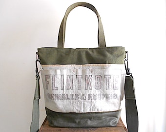 Military waxed canvas,nail apron carryall, large tote, diaper bag - 40s Flintkote - eco vintage fabrics