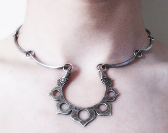Lotus Flower Necklace, Choker, Sterling Silver, Hand Fabricated, Metalsmithed, Ancient Spiritual Symbol, Meditation, Yoga, India