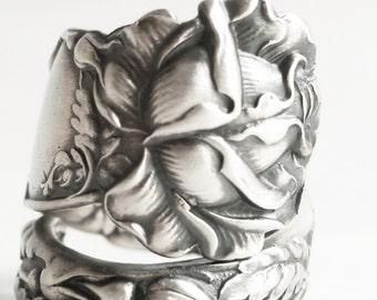 Bridal Rose Ring, Flower Ring, Sterling Silver Spoon Ring, Antique Alvin ca 1903, Handmade Gift for Gardeners, Adjustable Ring Size (7117)