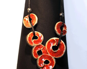 Red and black Raku ceramic necklace