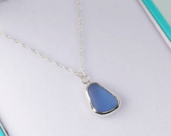 Sterling silver small purple sea glass pendant necklace Uk