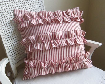 Ruffled red ticking stripe pillow cover