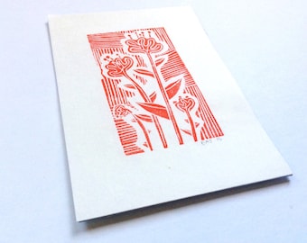 linocut - FLOWERS // 4x6 art print // printmaking // block print // nature art // red // wildflowers // original art // miniature
