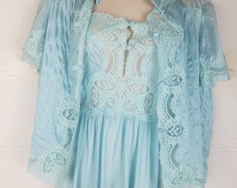 Lily of France Vintage Aqua Blue Silky Nylon and Lace Full Length Nightgown Peignoir Set Short Sleeves Nightgown Bed Jacket Vintage Lingerie